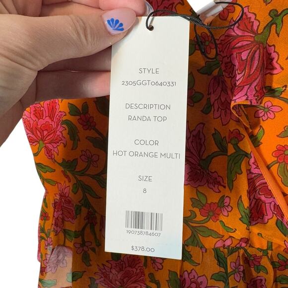 NWT Veronica Beard Randa Top Hot Orange Multi Floral Silk Blouse 8 Romantic - Picture 9 of 12